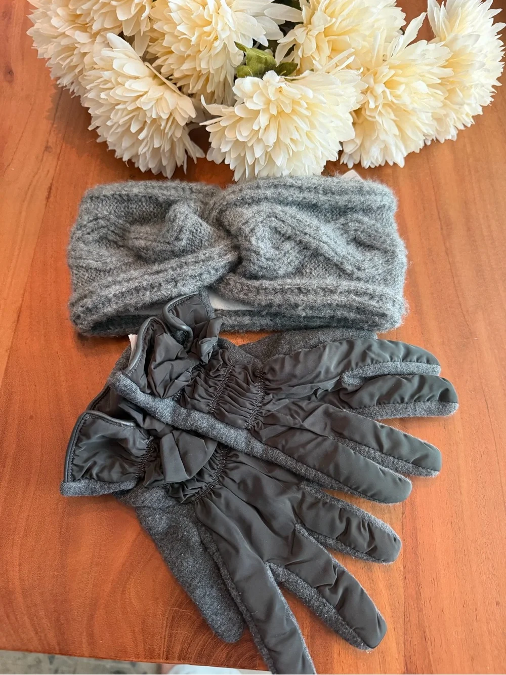 Women's Gray Knit Headband and Gray Winter Gloves Set